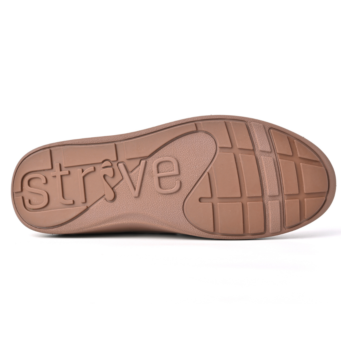 The outsole of a brown shoe, featuring the embossed brand name 'strive' and a grid tread pattern, shown against a plain white background. Strive Footwear Women’s Mayfair Brown Boots