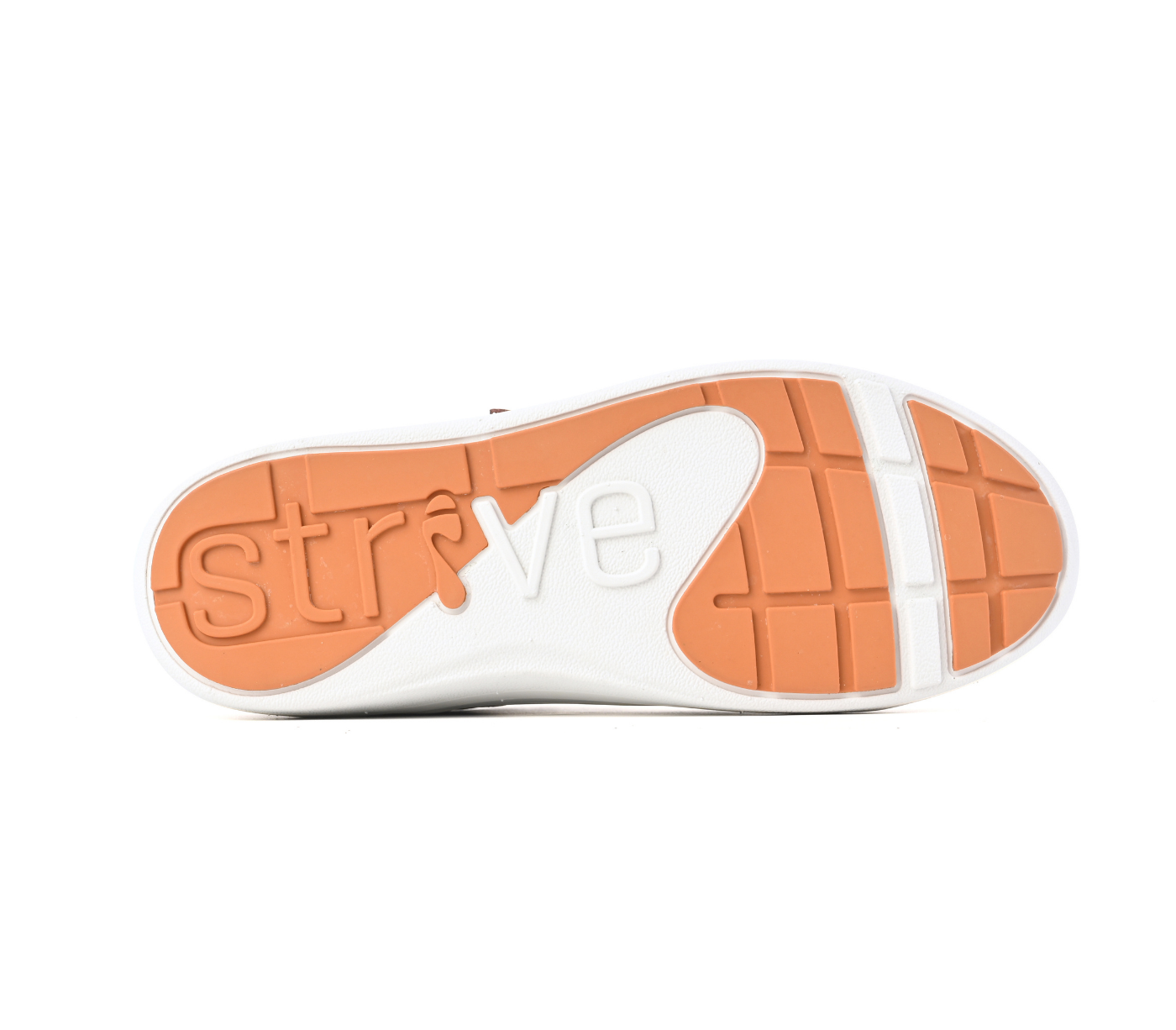 The outsole of a white and orange shoe, featuring the embossed brand name 'strve' in white on an orange section, shown against a plain white background. Strive Footwear Talia Coral Red Trainer Shoes.