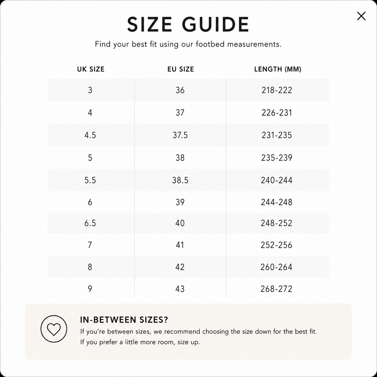 Strive Footwear size guide: UK size, EU size and footbed length in mm