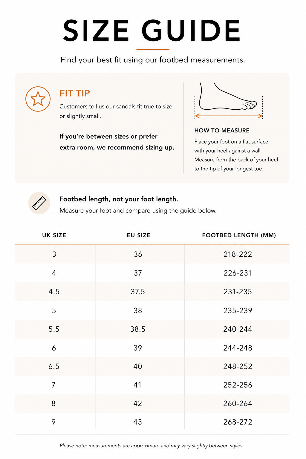 Strive Footwear size guide: UK size, EU size and footbed length in mm
