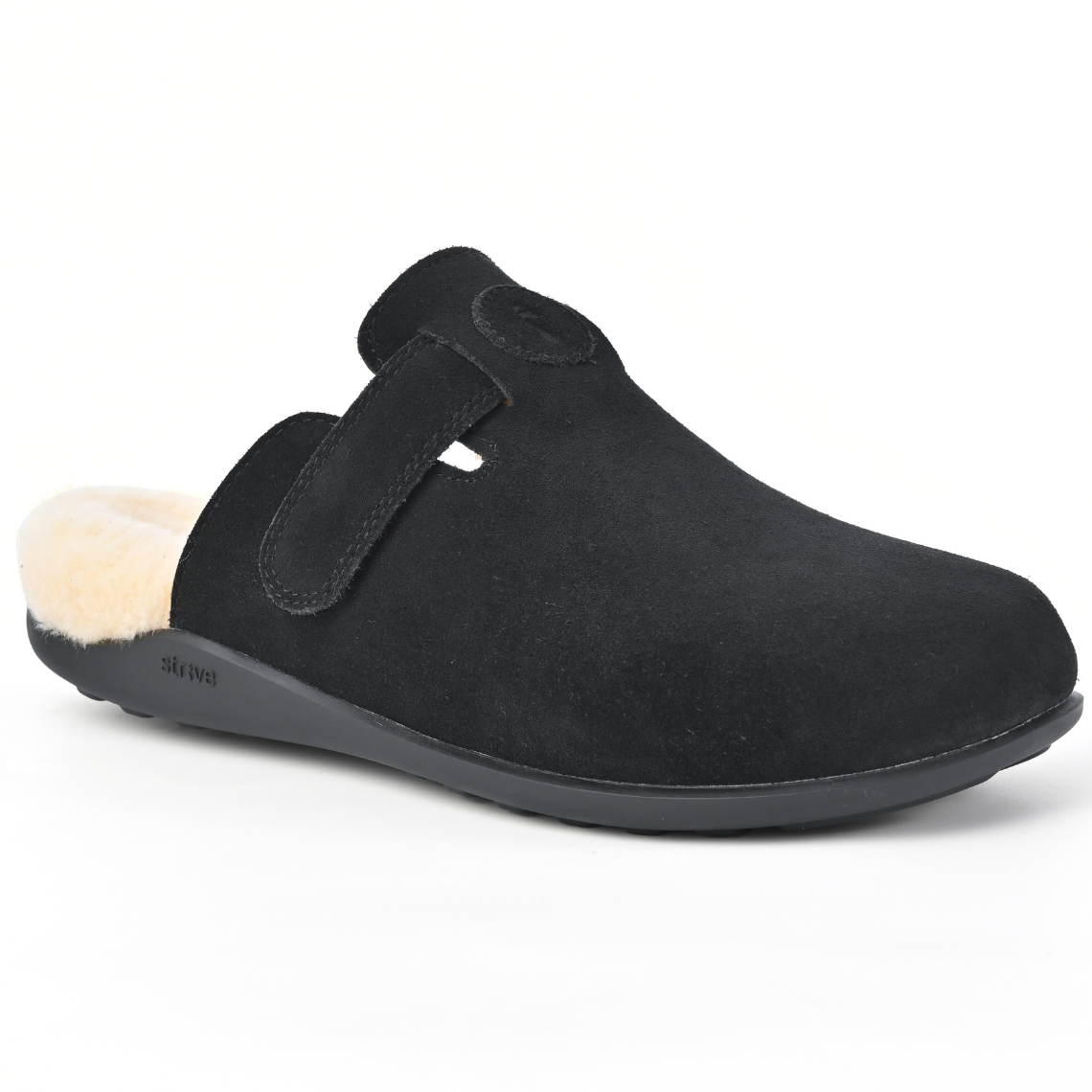 A black suede clog-style slipper with a plush cream shearling lining and a black sole, shown from a side profile on a white background. Strive Footwear Oslo II Women’s Black Slippers