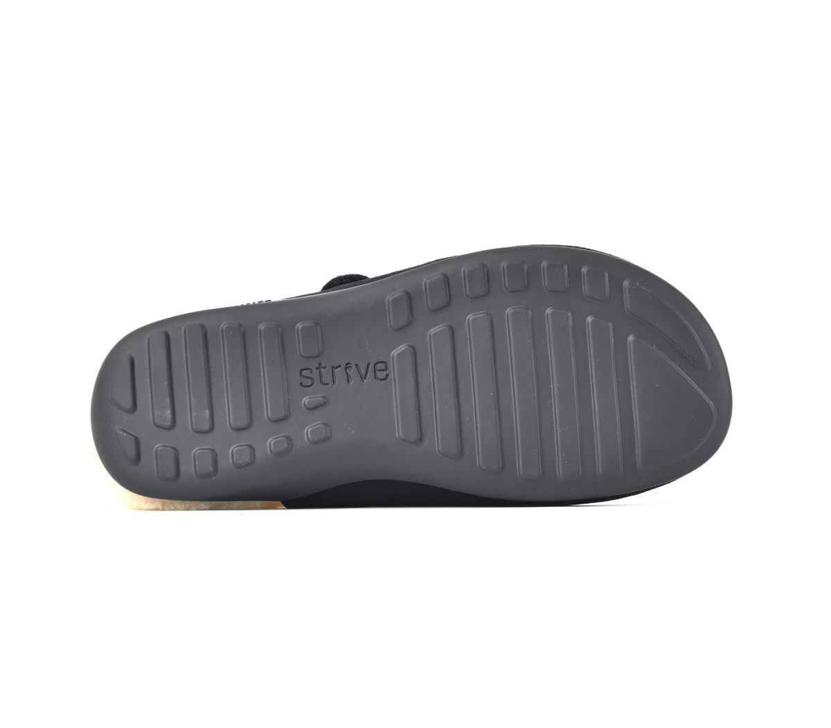 The dark gray textured rubber outsole of a shoe, featuring the embossed brand name 'strive' and a ribbed tread pattern, shown against a plain white background. Strive Footwear Oslo II Women’s Black Slippers