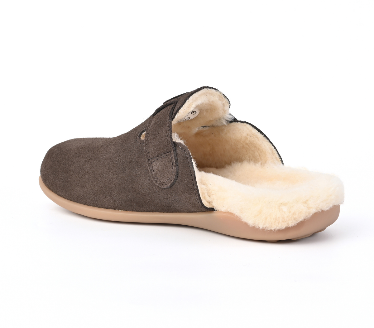A single dark brown suede slip-on clog shoe with a plush cream shearling lining, shown from a side profile on a white background. Strive Footwear Oslo II Women’s Brown Slippers