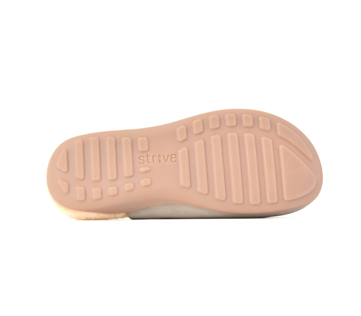 The beige outsole of a shoe, showing the 'strive' brand embossed in the centre, photographed against a solid white background. Strive Footwear Oslo II Women’s Grey Slippers