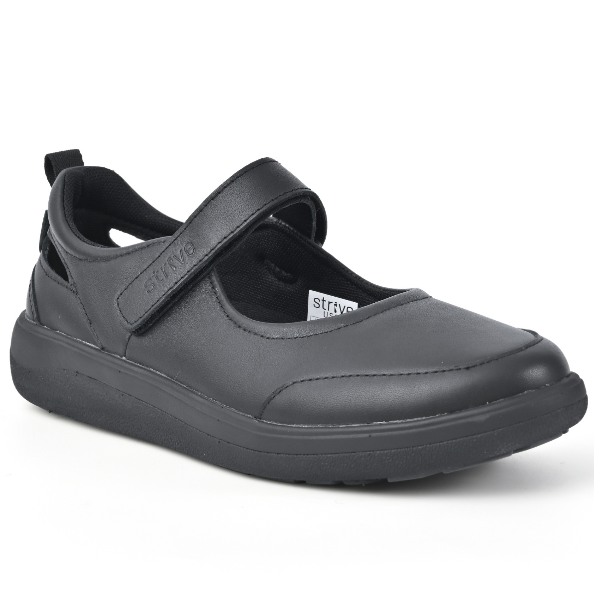 Strive black leather Mary Jane Skip shoe with adjustable strap, cushioned footbed and white sole