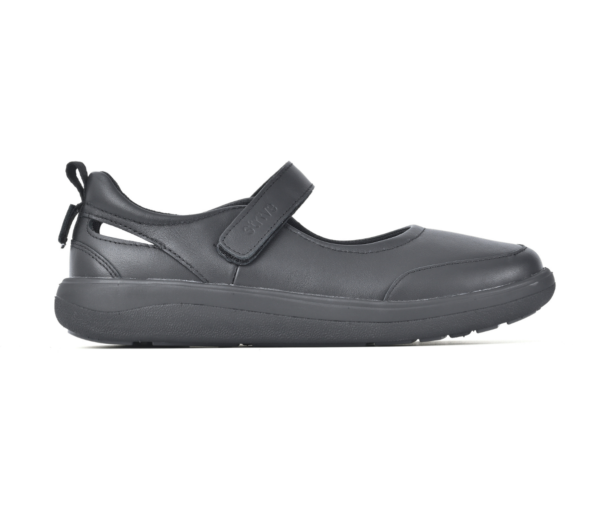 Strive black leather Mary Jane Skip shoe with adjustable strap, cushioned footbed and black sole