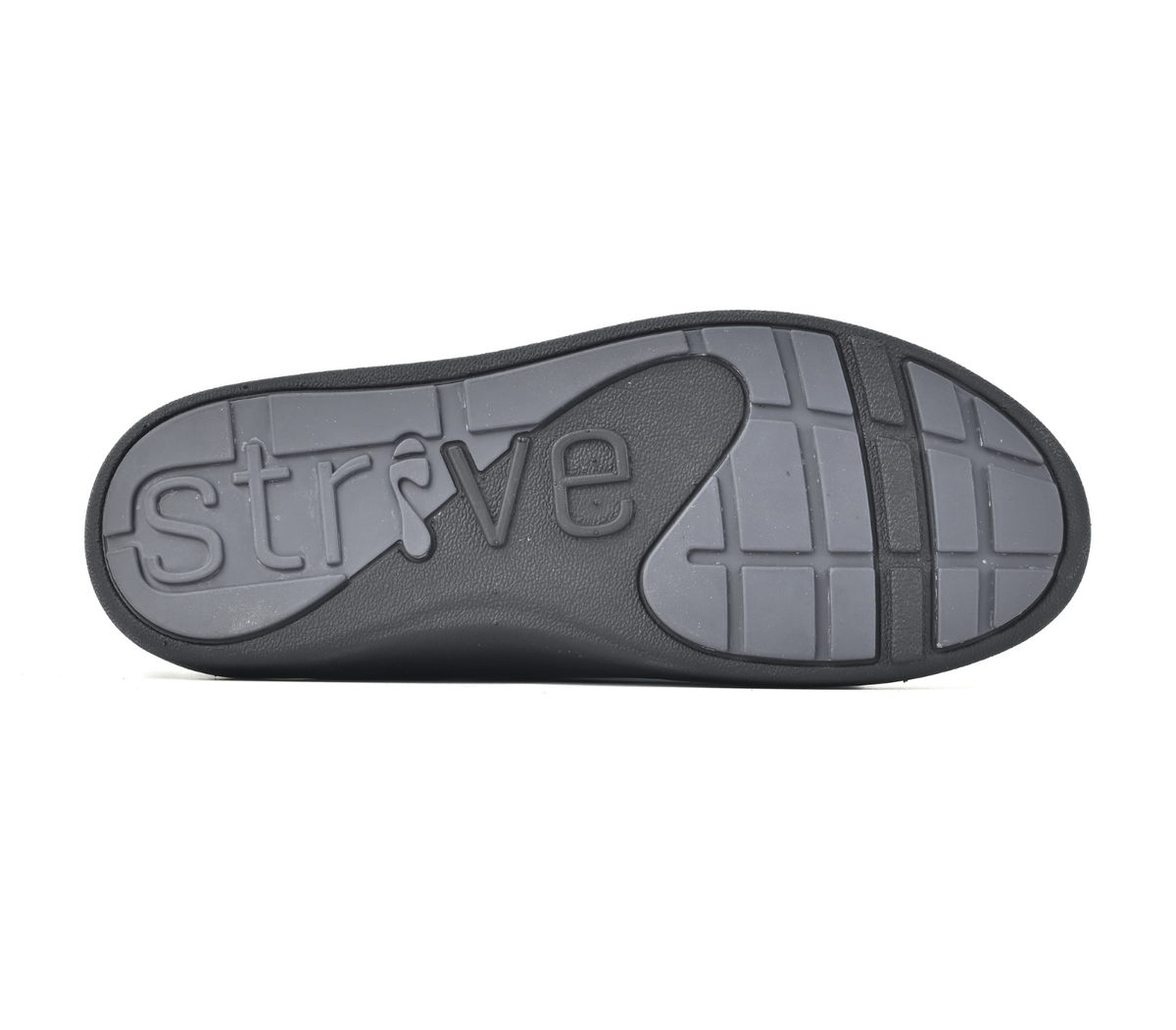 The bottom sole of a Strive Footwear Skip dark grey slip-on shoe, featuring the embossed brand name 'strive' and a textured tread pattern, shown against a plain white background.