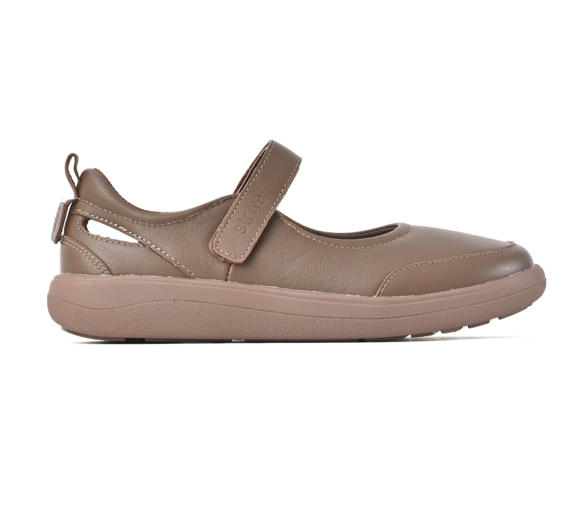Strive Footwear Skip single taupe-brown Mary Jane style shoe with a hook-and-loop strap and a thick matching sole, shown in profile against a white background.