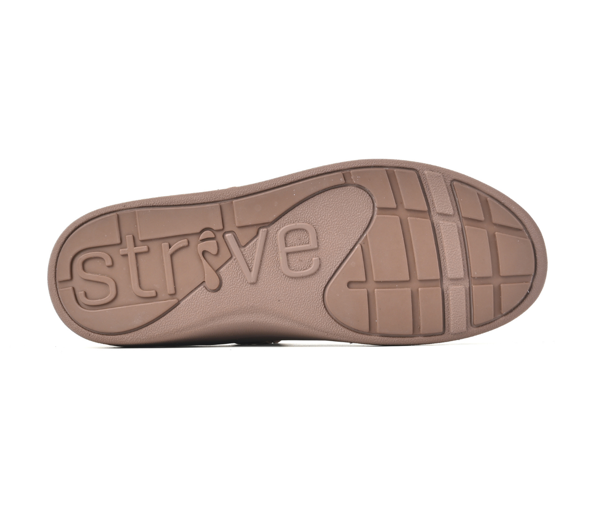 The outsole of Strive Footwear Skip brown shoe, featuring the embossed brand name 'strive' on the heel and a grid tread pattern on the toe, shown against a plain white background.