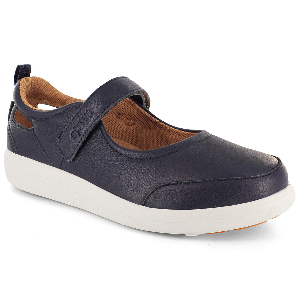 Strive navy leather Mary Jane Skip shoe with adjustable strap, cushioned footbed and white sole