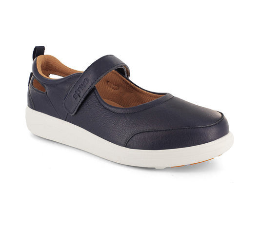 Strive navy leather Mary Jane Skip shoe with adjustable strap, cushioned footbed and white sole