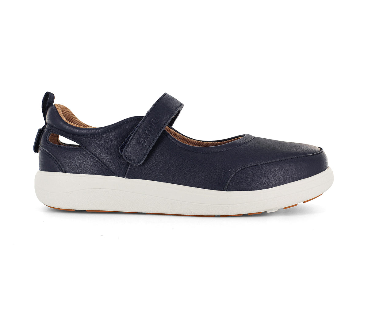 Strive navy leather Mary Jane Skip shoe with adjustable strap, cushioned footbed and white sole lateral
