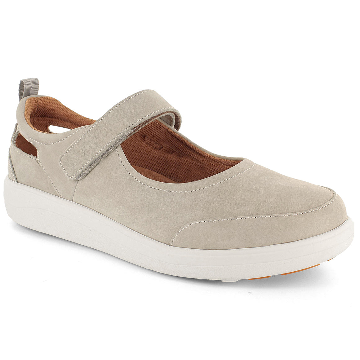 Strive latte leather Mary Jane Skip shoe with adjustable strap, cushioned footbed and white sole