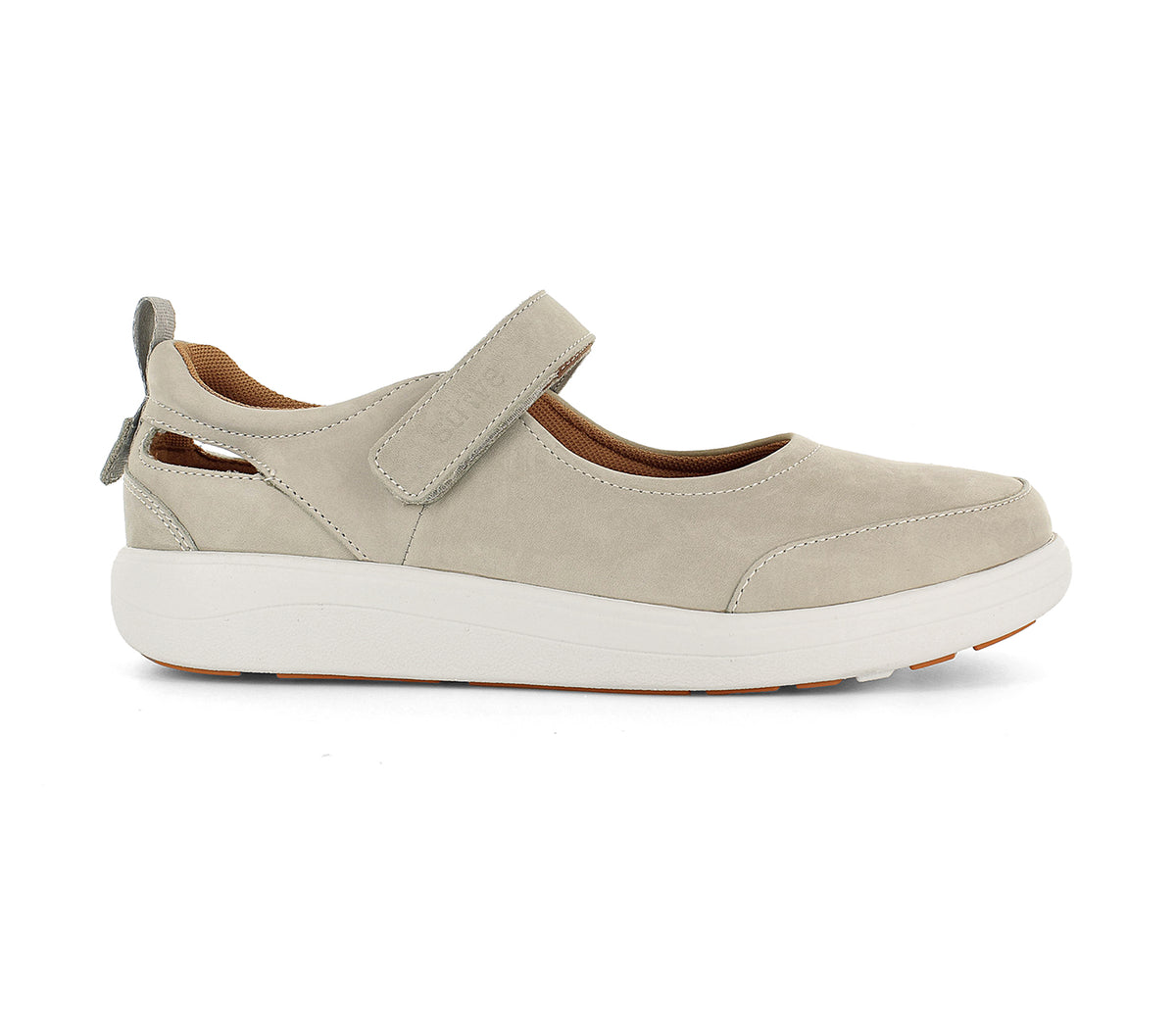 Strive latte leather Mary Jane Skip shoe with adjustable strap, cushioned footbed and white sole
