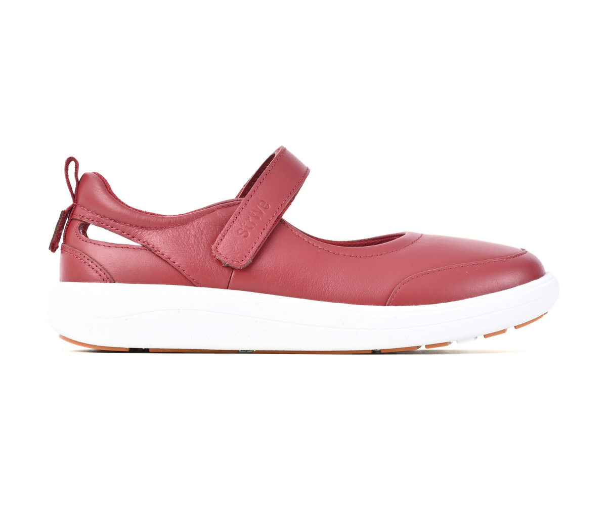Strive Footwear Skip women's Mary Jane style shoe in dusty rose pink faux leather with a hook-and-loop strap and a thick white platform sole, shown in profile against a white background.