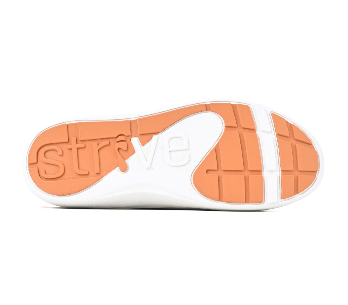 The outsole of Strive Footwear Skip white and orange slide sandal, featuring the embossed brand name 'strve' in orange on the heel and a grid pattern on the toe, shown against a plain white background.