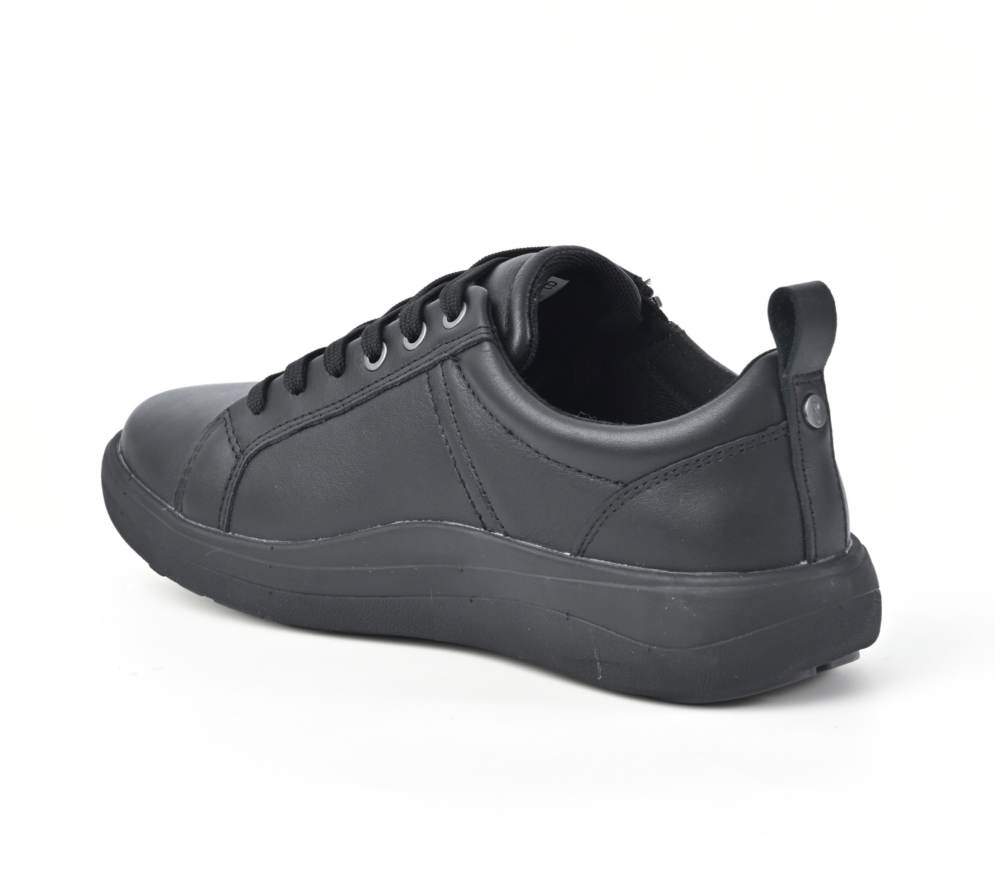 A black low-top casual sneaker shown from a three-quarters rear angle on a clean white background.
