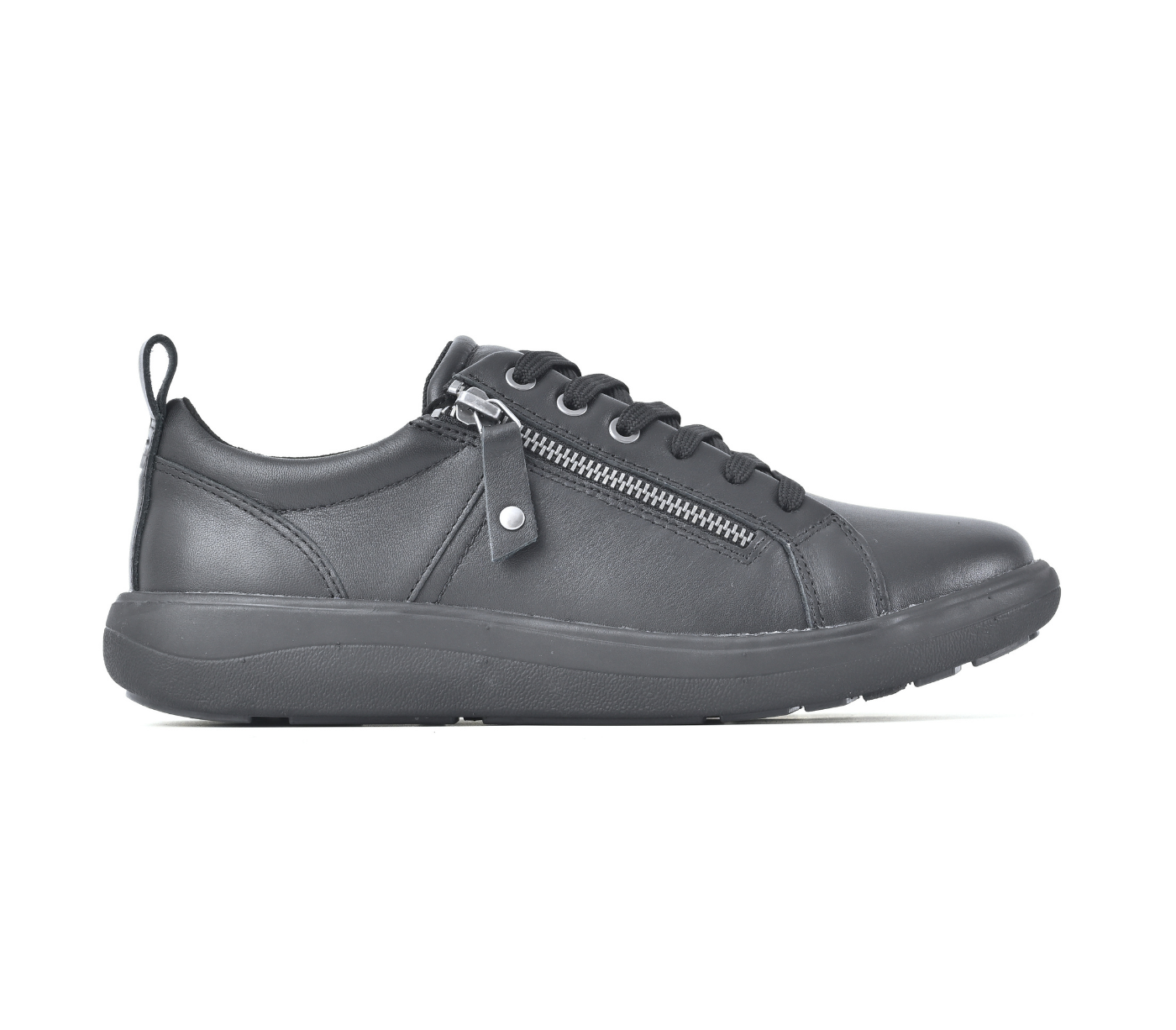 A black leather low-top sneaker with a side zipper, black laces, and a pull tab on the heel, shown in a side profile view against a white background.