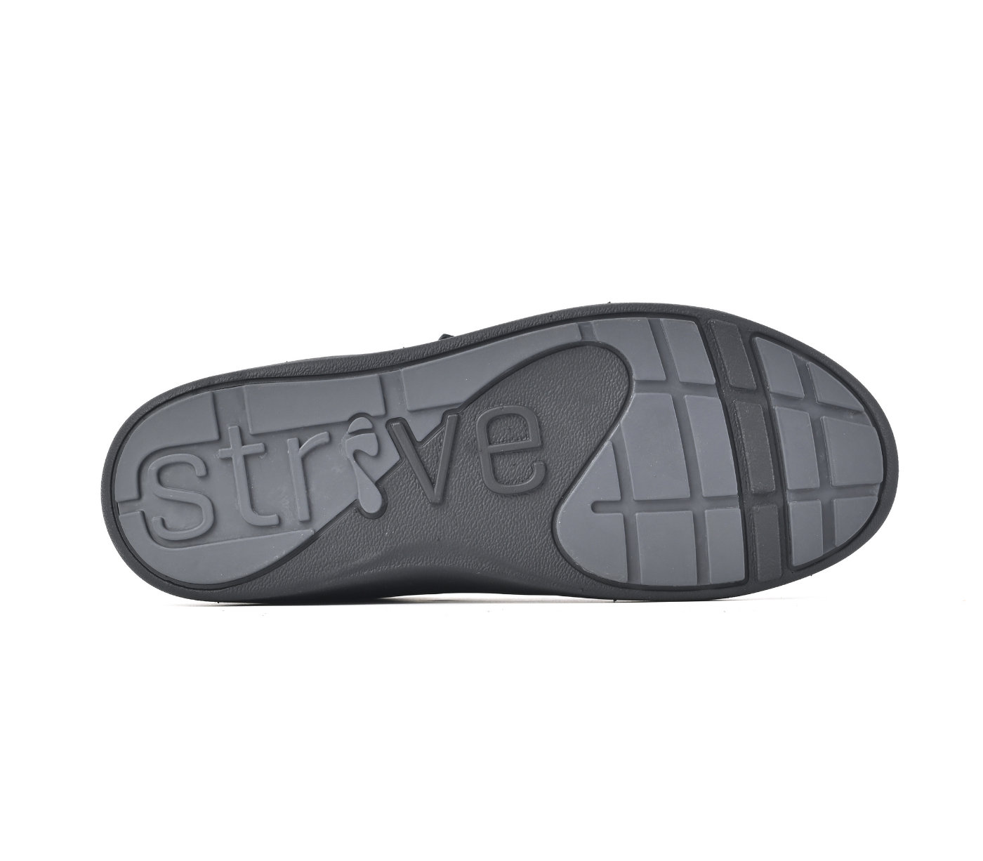 The bottom sole of a dark gray slip-on shoe, featuring the embossed brand name 'strive' and a textured tread pattern, shown against a plain white background.