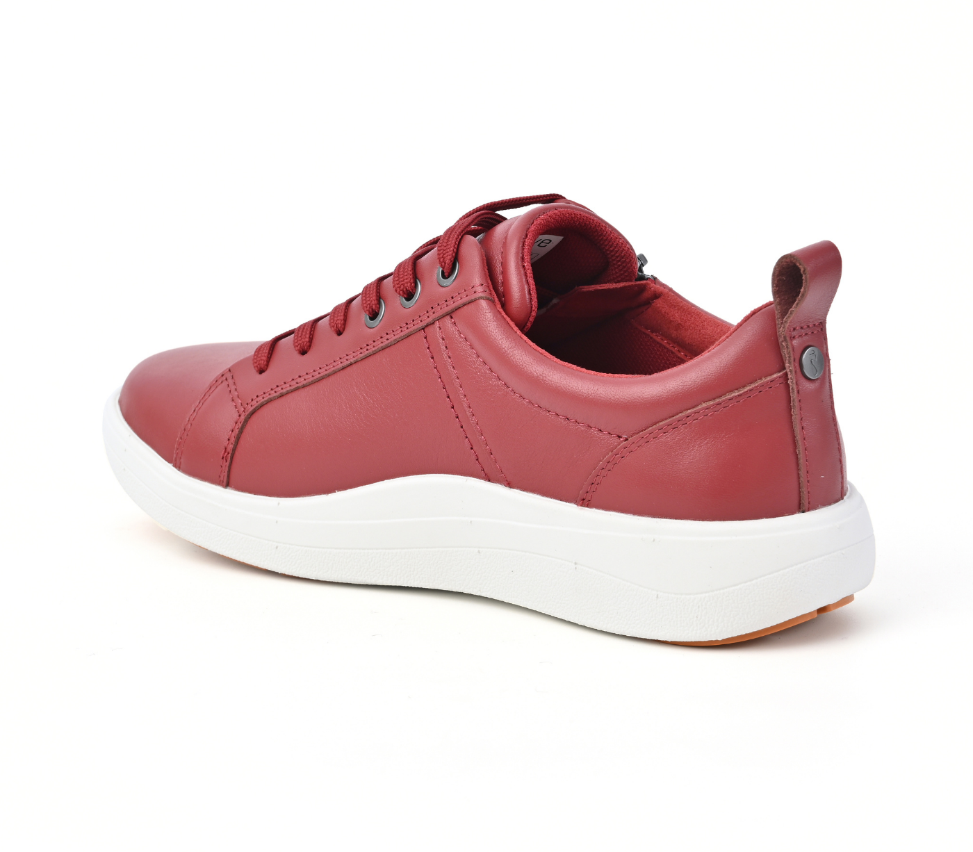 Strive Footwear Talia Coral Red Trainer Shoes. A red leather low-top sneaker with a white sole, shown from a three-quarters rear angle on a white background.