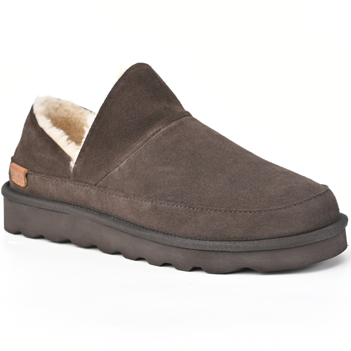 A single dark brown slip-on shoe with a plush cream-coloured shearling lining and a thick, textured dark brown sole, shown against a plain white background. Strive Footwear Women’s Alaska Brown Slippers