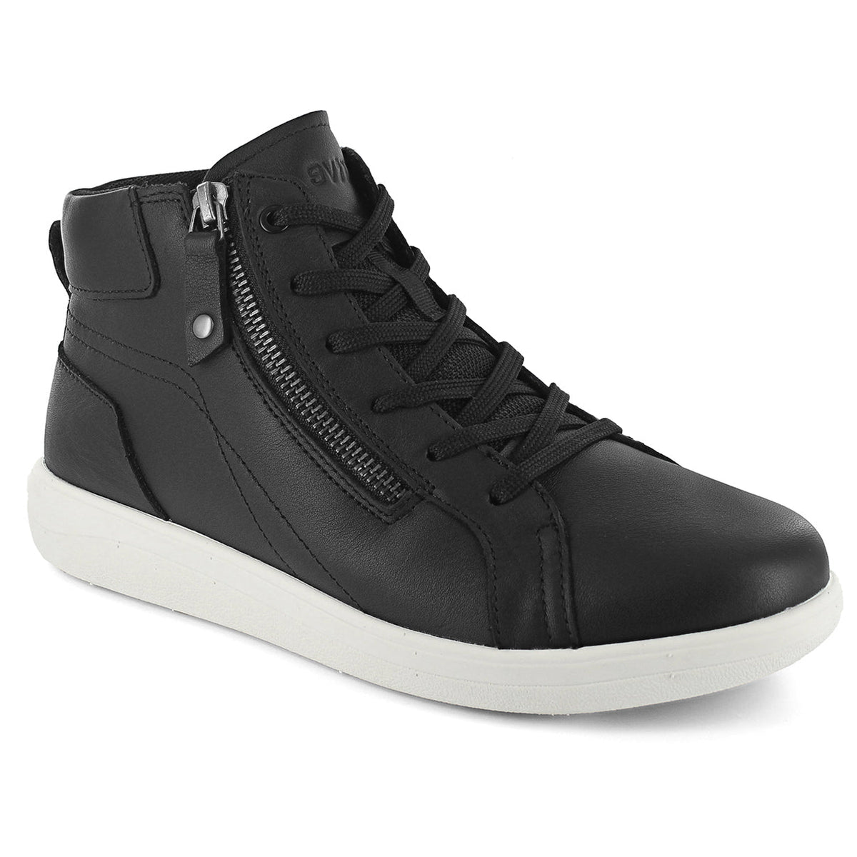 Black high-top sneaker with a zipper on a white background. Strive Footwear Women’s Kensington Black Boots 