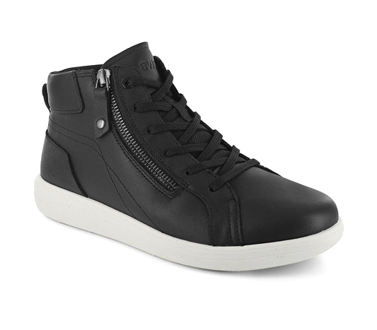 Black high-top sneaker with a zipper on a white background. Strive Footwear Women’s Kensington Black Boots 