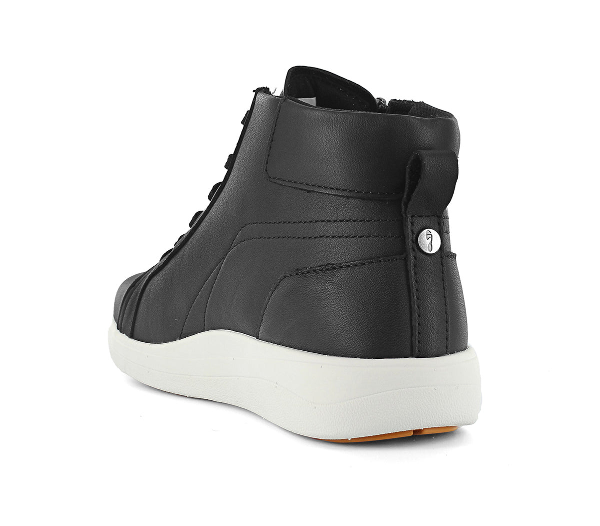 Black high-top sneaker with white sole on a white background. Strive Footwear Women’s Kensington Black Boots 