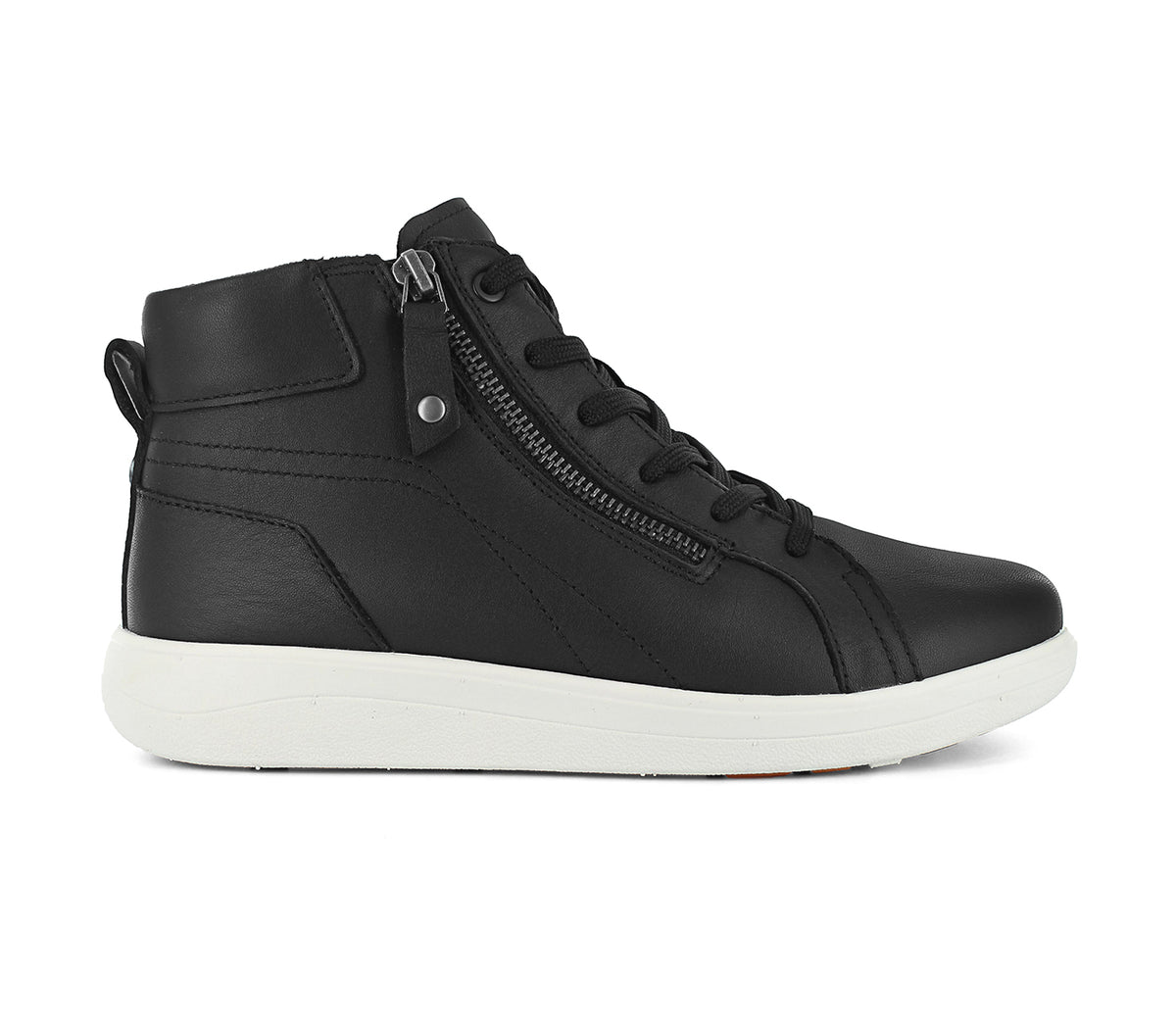 Black high-top sneaker with a white sole on a white background. Strive Footwear Women’s Kensington Black Boots 