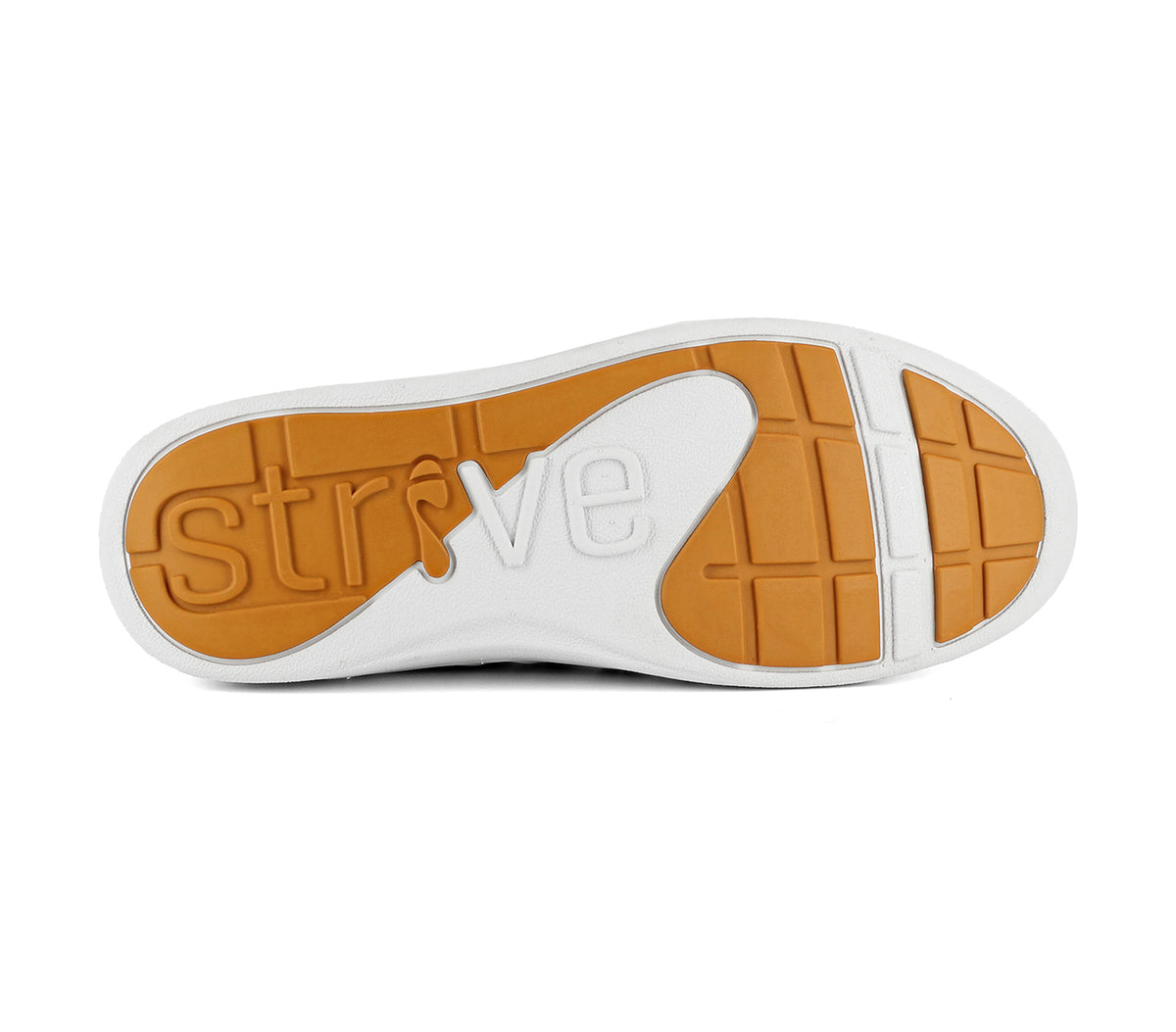White sneaker with brown sole displaying the brand 'Strive' on a white background. Strive Footwear Women’s Kensington Black Boots 