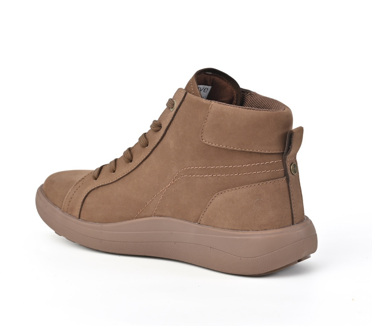 A single mid-calf lace-up shoe in a warm taupe-brown suede-like material, shown from a side-rear angle on a clean white background. Strive Footwear Women’s Kensington Brown Boots