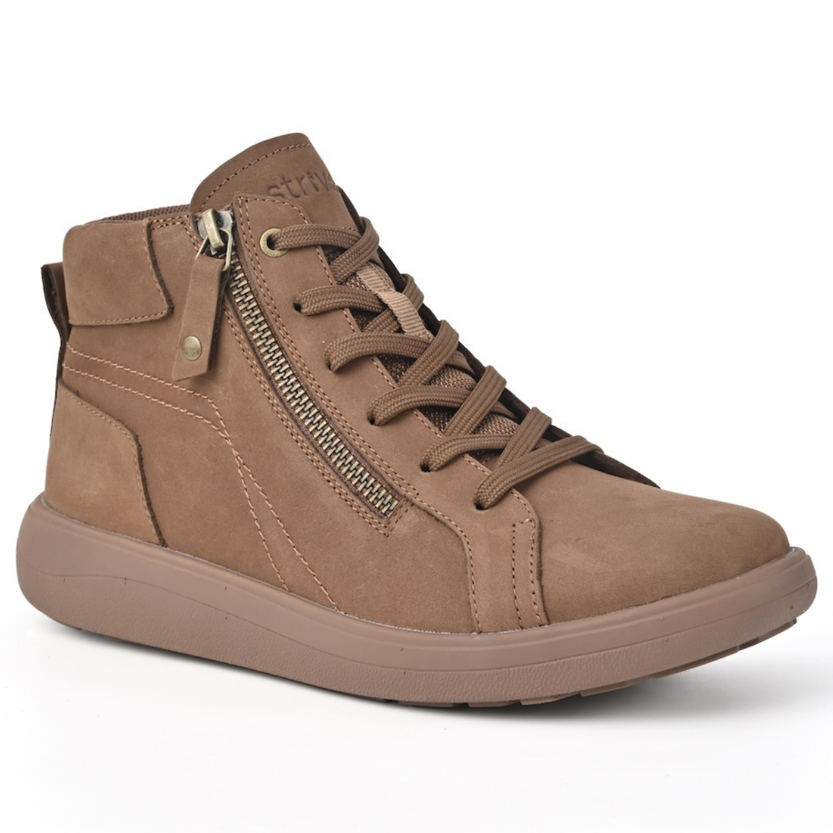 Grey hiking boot with blue accents on a white background. Strive Footwear Women’s Kensington Grey Boots.