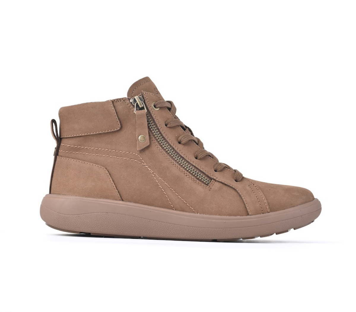 A single mid-top sneaker boot in taupe brown suede, featuring a side zipper, laces, and a pull tab on the heel, shown against a plain white background. Strive Footwear Women’s Kensington Brown Boots