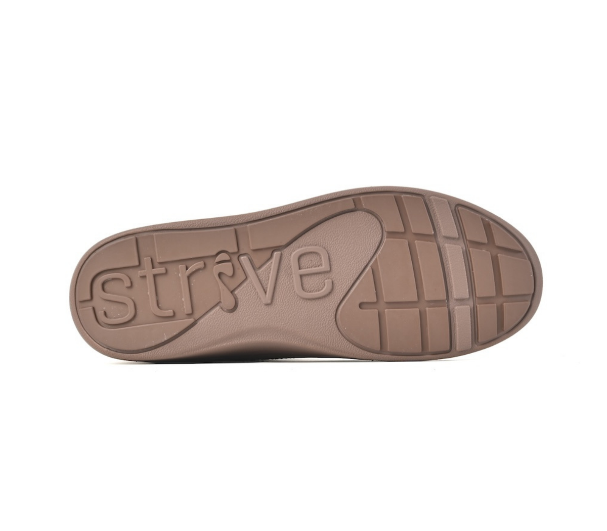 The outsole of a brown shoe, featuring the embossed brand name 'strive' and a grid tread pattern, shown against a plain white background. Strive Footwear Women’s Kensington Brown Boots