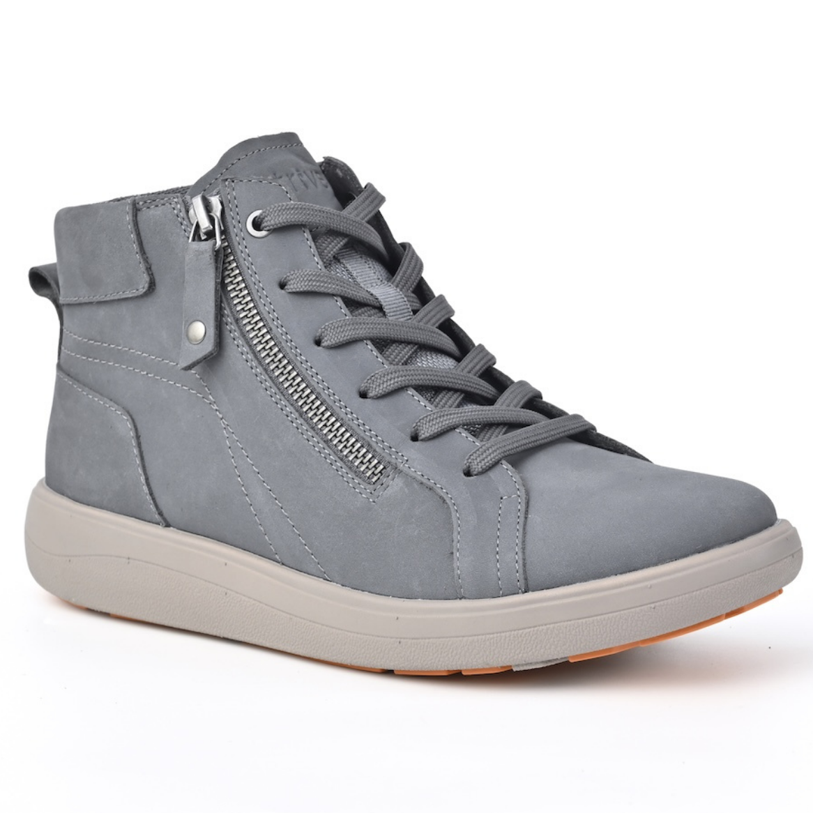 A grey high-top sneaker with a side zipper, grey laces, and a light grey sole with a small orange accent on the outsole, shown against a plain white background. Strive Footwear Women’s Kensington Oak Boots