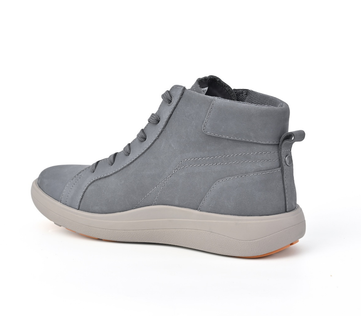 A single gray high-top sneaker boot with a thick light gray sole, shown from a side profile view on a white background. Strive Footwear Women’s Kensington Grey Boots.