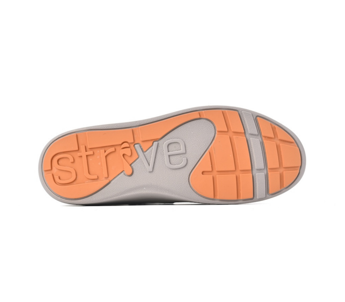 The outsole of a slide sandal, showing a gray base with an orange tread pattern and the embossed brand name 'strive'. Strive Footwear Women’s Kensington Grey Boots