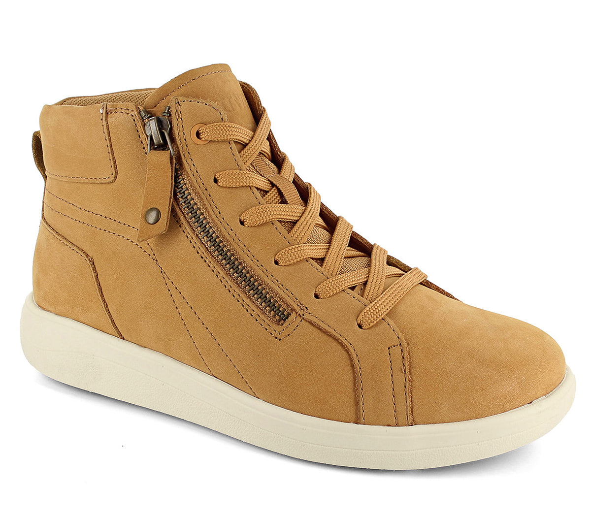 Tan high-top sneaker with a zipper on a white background. Strive Footwear Women’s Kensington Oak Boots