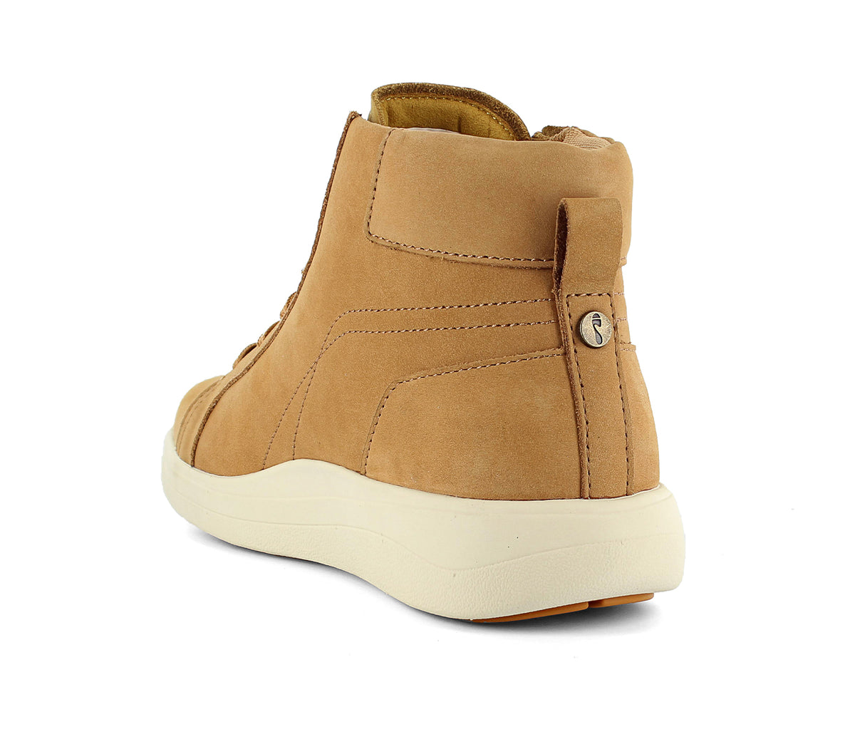 Tan high-top sneaker with a white sole on a white background. Strive Footwear Women’s Kensington Oak Boots