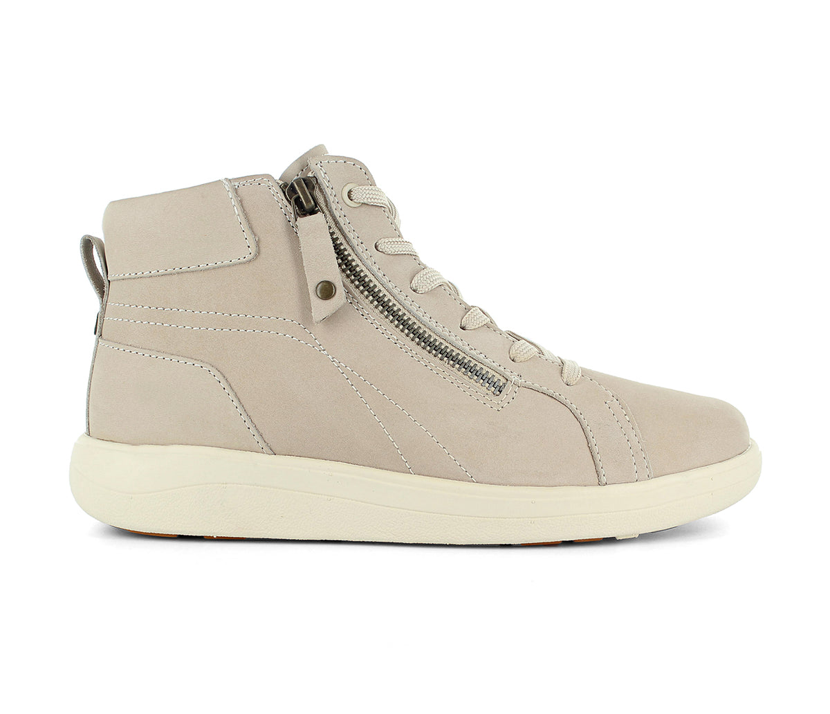 Beige high-top sneaker with a zipper on a white background. Strive Footwear Women’s Kensington Sand Boots