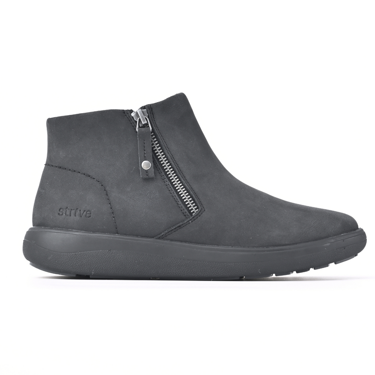Black ankle boot on a white background. Strive Footwear Women’s Mayfair Black Boots