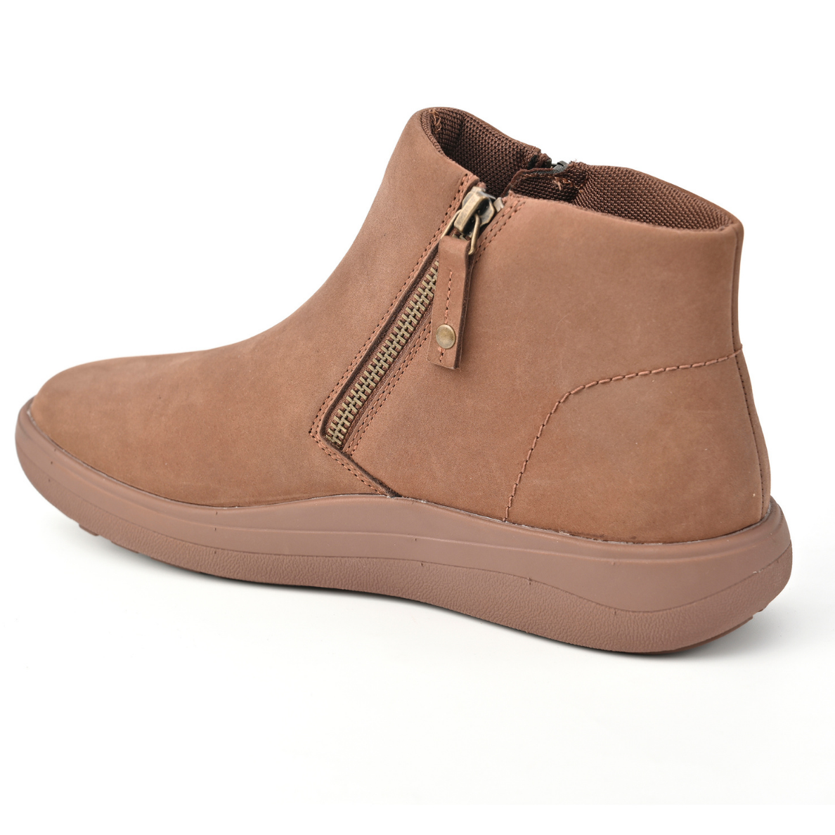 A single women's ankle boot in a warm tan-brown suede-like material, shown from a side profile view. It features a side zipper with a small decorative pull tab and a matching flat sole, set against a plain white background. Strive Footwear Women’s Mayfair Brown Boots