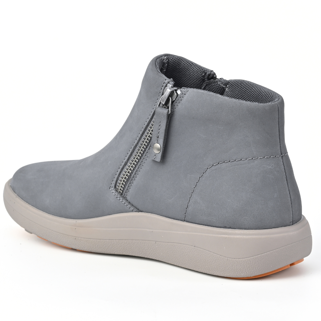 A single grey ankle boot with a side zipper, shown from a three-quarters angle on a white background. Strive Footwear Women’s Mayfair Grey Boots