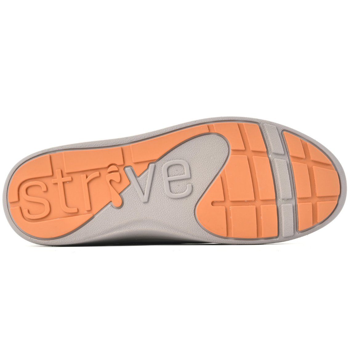 The outsole of a shoe shown from a top-down view, featuring a grey base with an orange tread pattern and the embossed brand name 'strive'. Strive Footwear Women’s Mayfair Grey Boots
