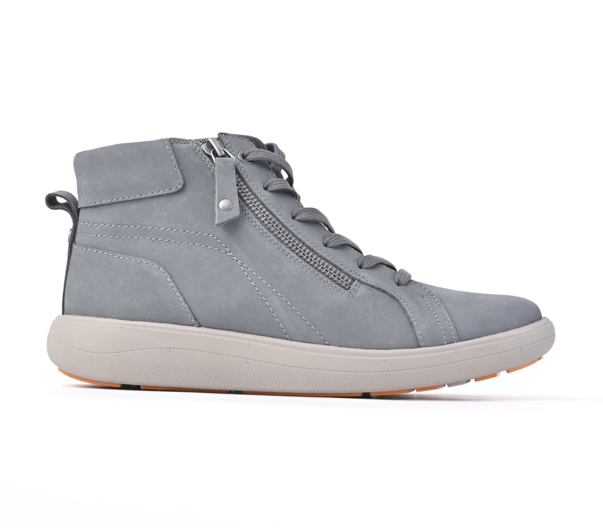 A light gray suede high-top sneaker with a side zipper, gray laces, and a thick light beige sole, shown from a side profile on a white background.