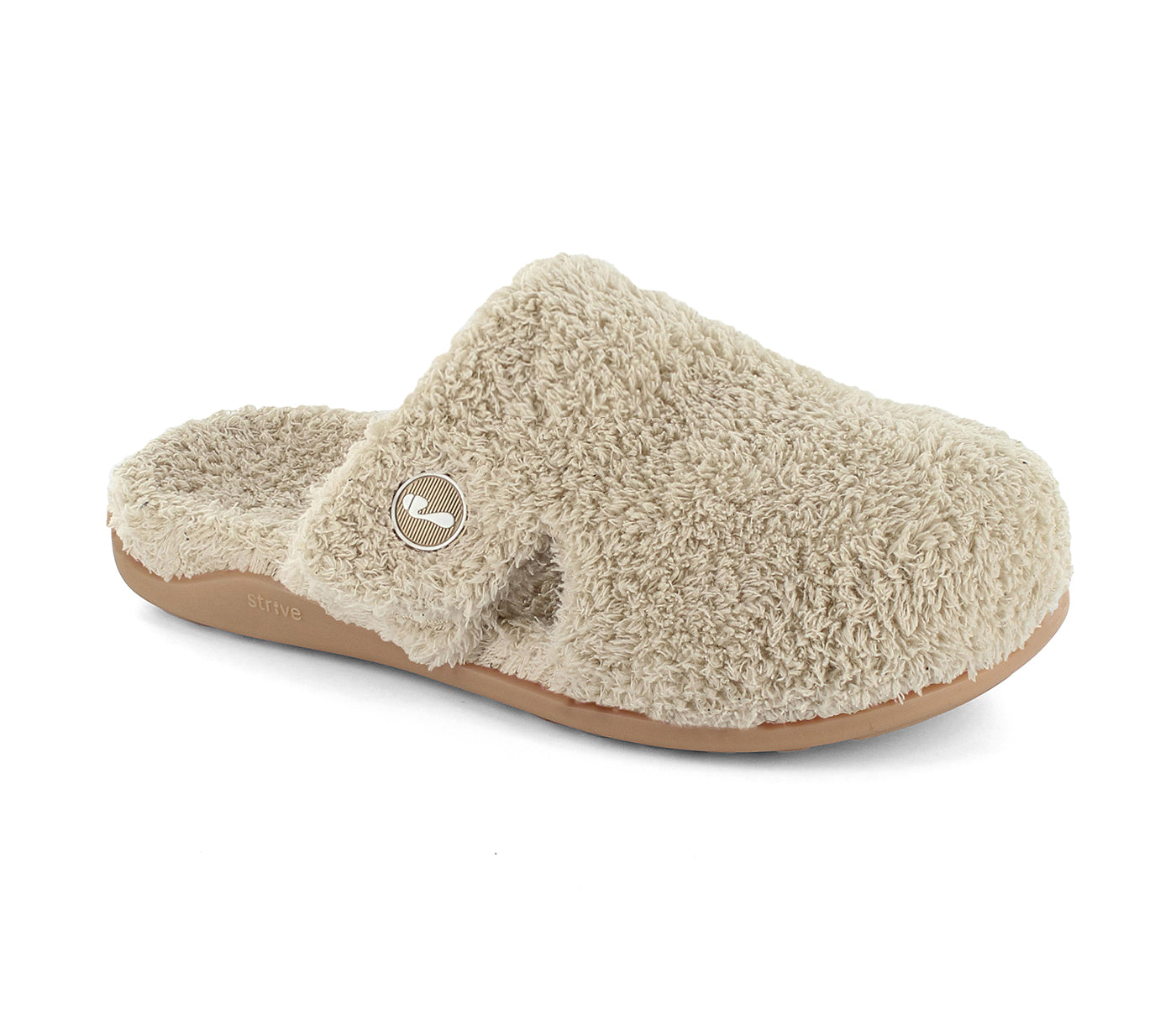 Beige slipper with fuzzy texture on a white background. Strive Footwear Zara Women’s Beige Slippers