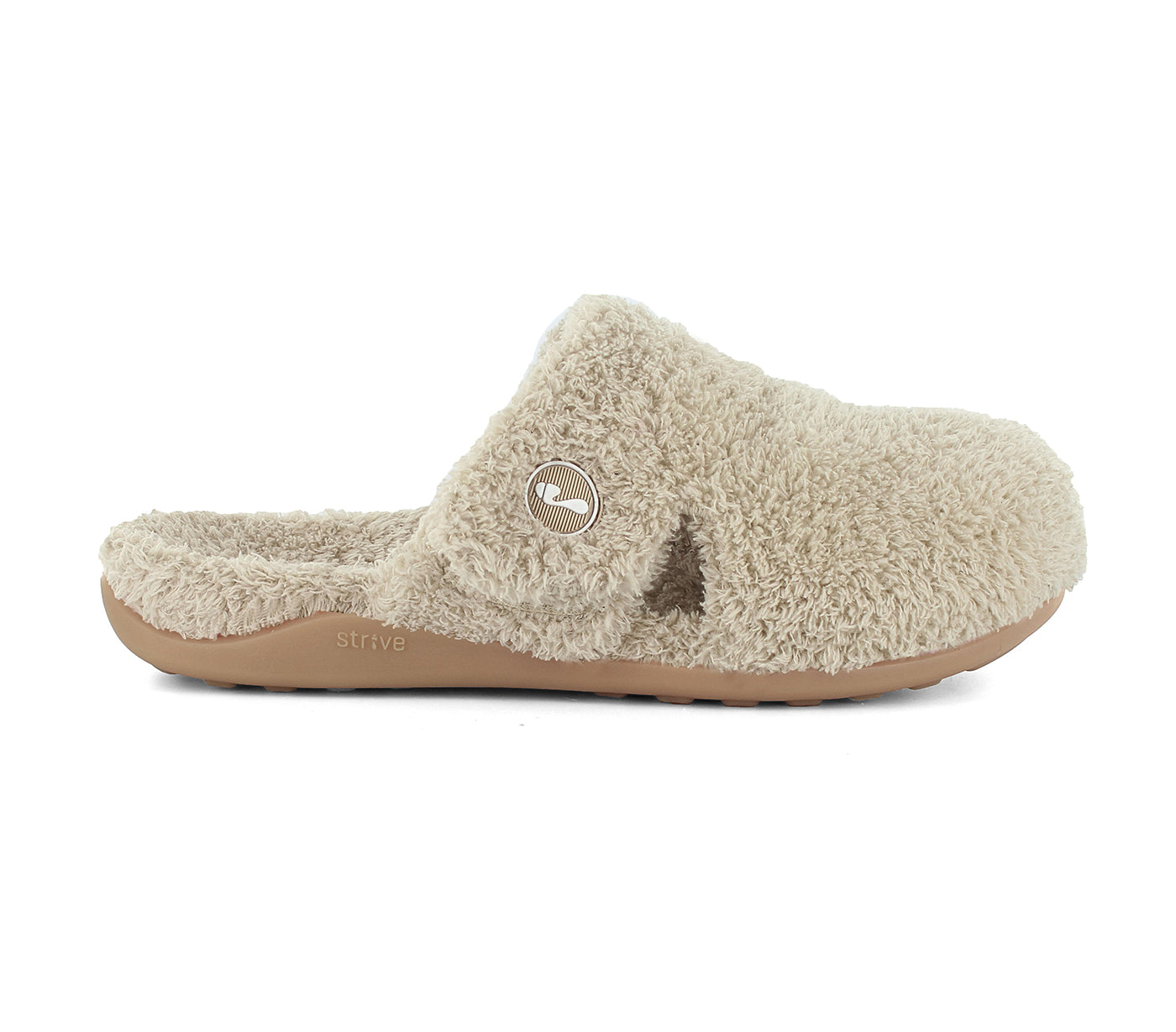 Beige slipper with brand logo on a white background. Strive Footwear Zara Women’s Beige Slippers