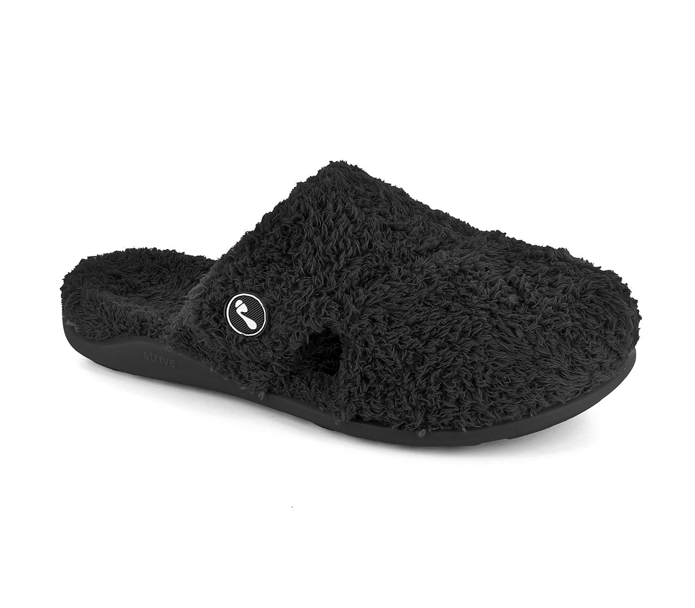 Black fuzzy slipper with a brand logo on a white background. Strive Footwear Zara Women’s Black Slippers