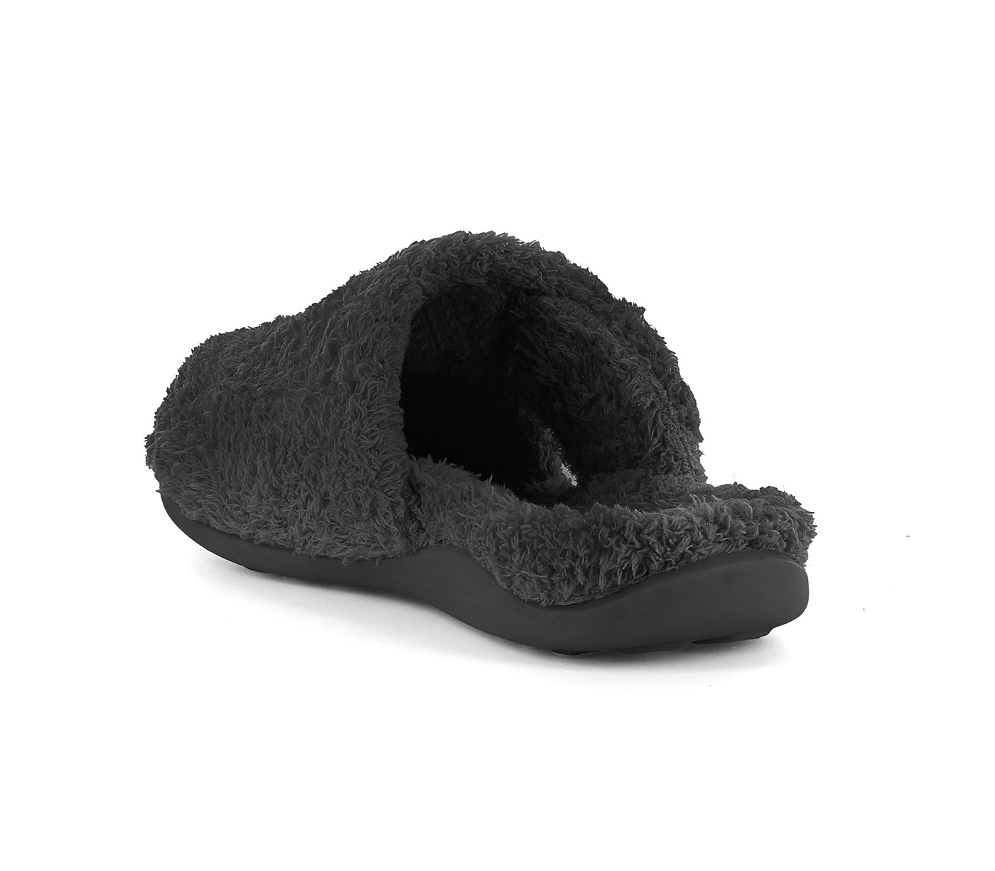 Dark gray slipper with fuzzy texture on a white background. Strive Footwear Zara Women’s Black Slippers