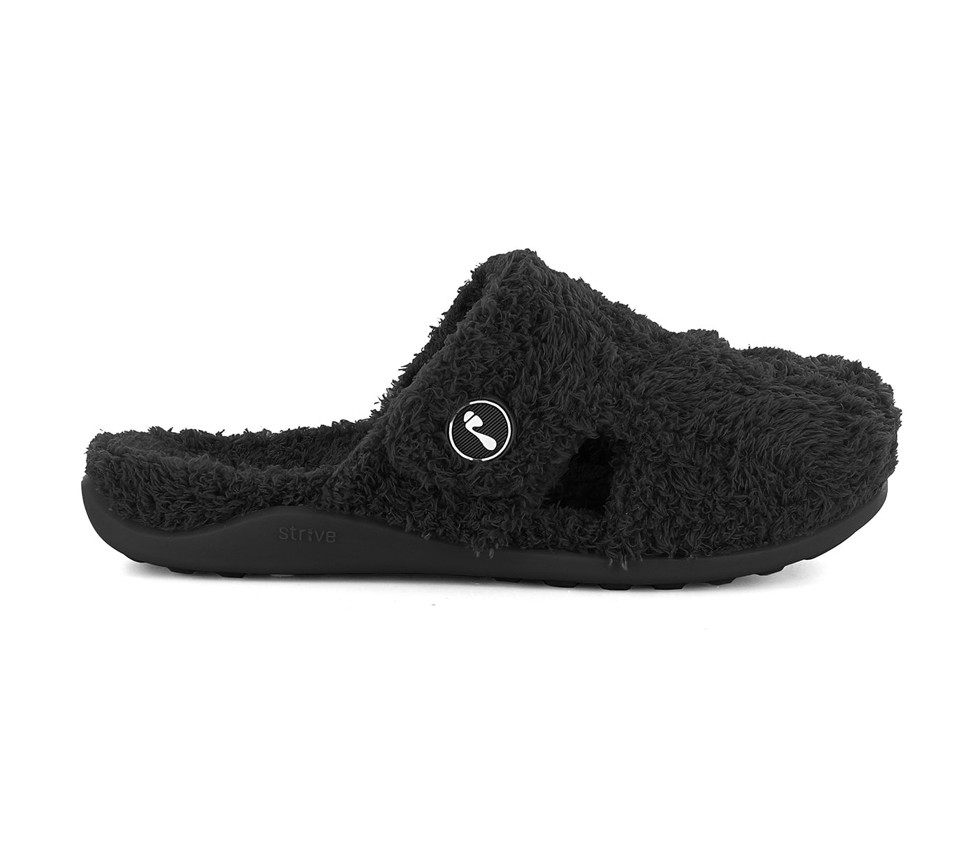 Black fuzzy slipper with a brand logo on a white background. Strive Footwear Zara Women’s Black Slippers